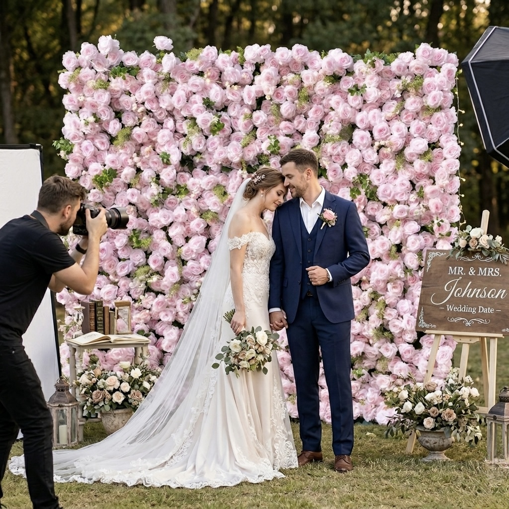Photographer session with flower wall DFW